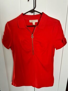 Michael Kors MK Logo Women’s Half Zip Polo Burnt Orange/Red Ruched Size Medium